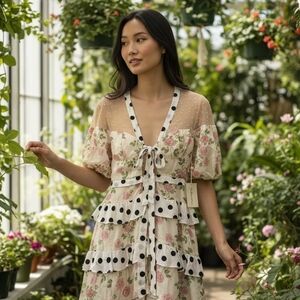 For Love & Lemons Butterscotch Mini Tiered Floral,Polka Dot Ruffle Dress S NWT